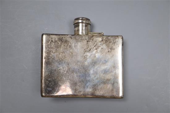 A late Victorian curved silver hip flask, marks rubbed, London, 1895?, 9.8cm, gross 4 oz, (old repair),